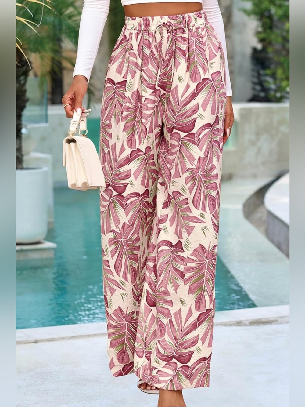 #44 Pretty Garden High-Waist Wide-Leg Tropical Print Pant- Pink Leaf